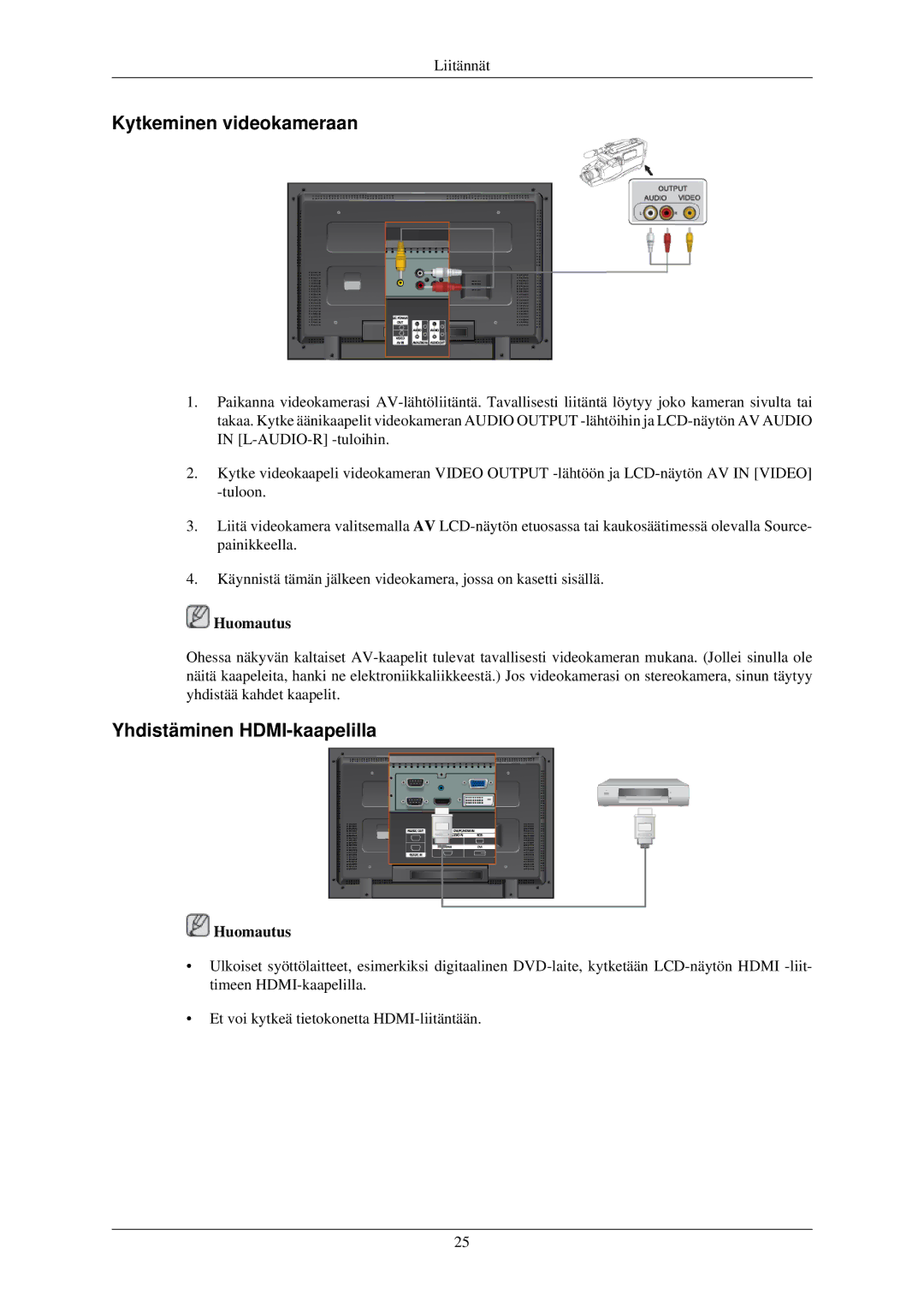 Samsung LH32TCUMBC/EN manual Kytkeminen videokameraan, Yhdistäminen HDMI-kaapelilla 