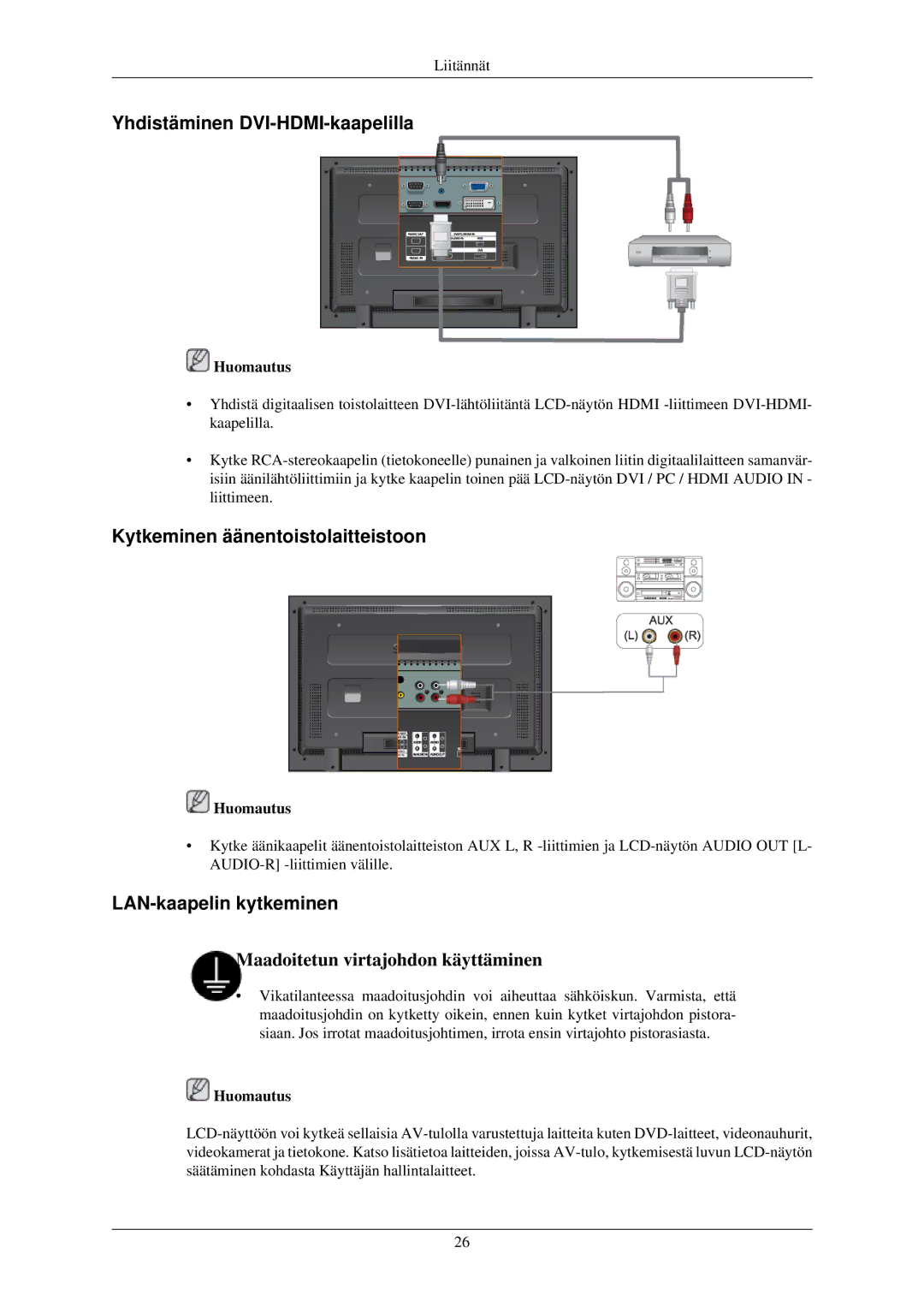 Samsung LH32TCUMBC/EN manual Yhdistäminen DVI-HDMI-kaapelilla, Kytkeminen äänentoistolaitteistoon, LAN-kaapelin kytkeminen 