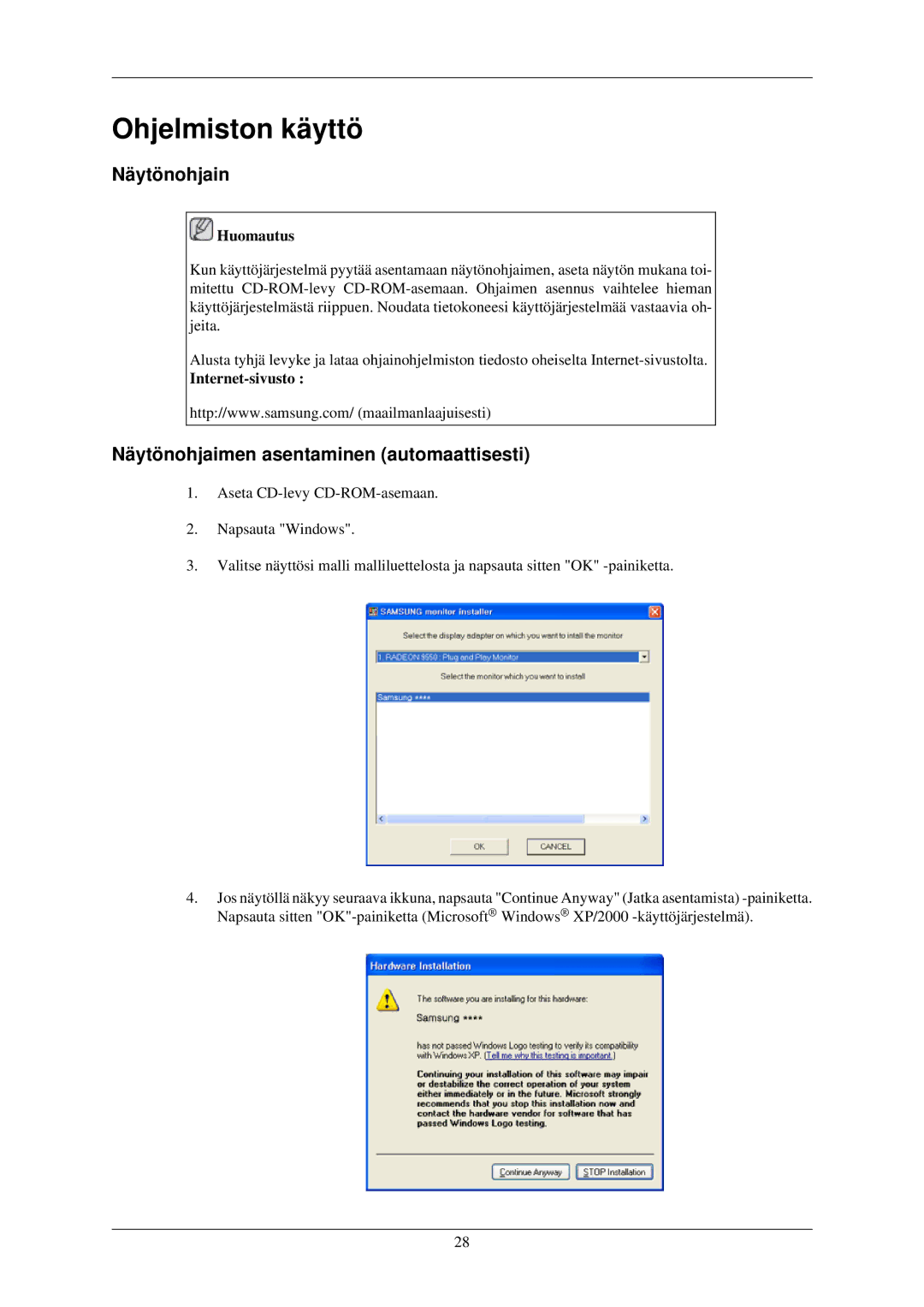 Samsung LH32TCUMBC/EN manual Näytönohjain, Näytönohjaimen asentaminen automaattisesti, Internet-sivusto 