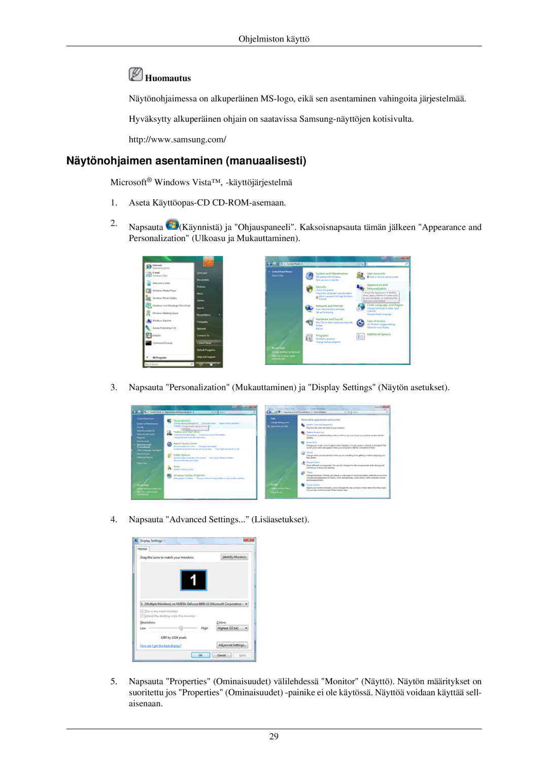 Samsung LH32TCUMBC/EN manual Näytönohjaimen asentaminen manuaalisesti 