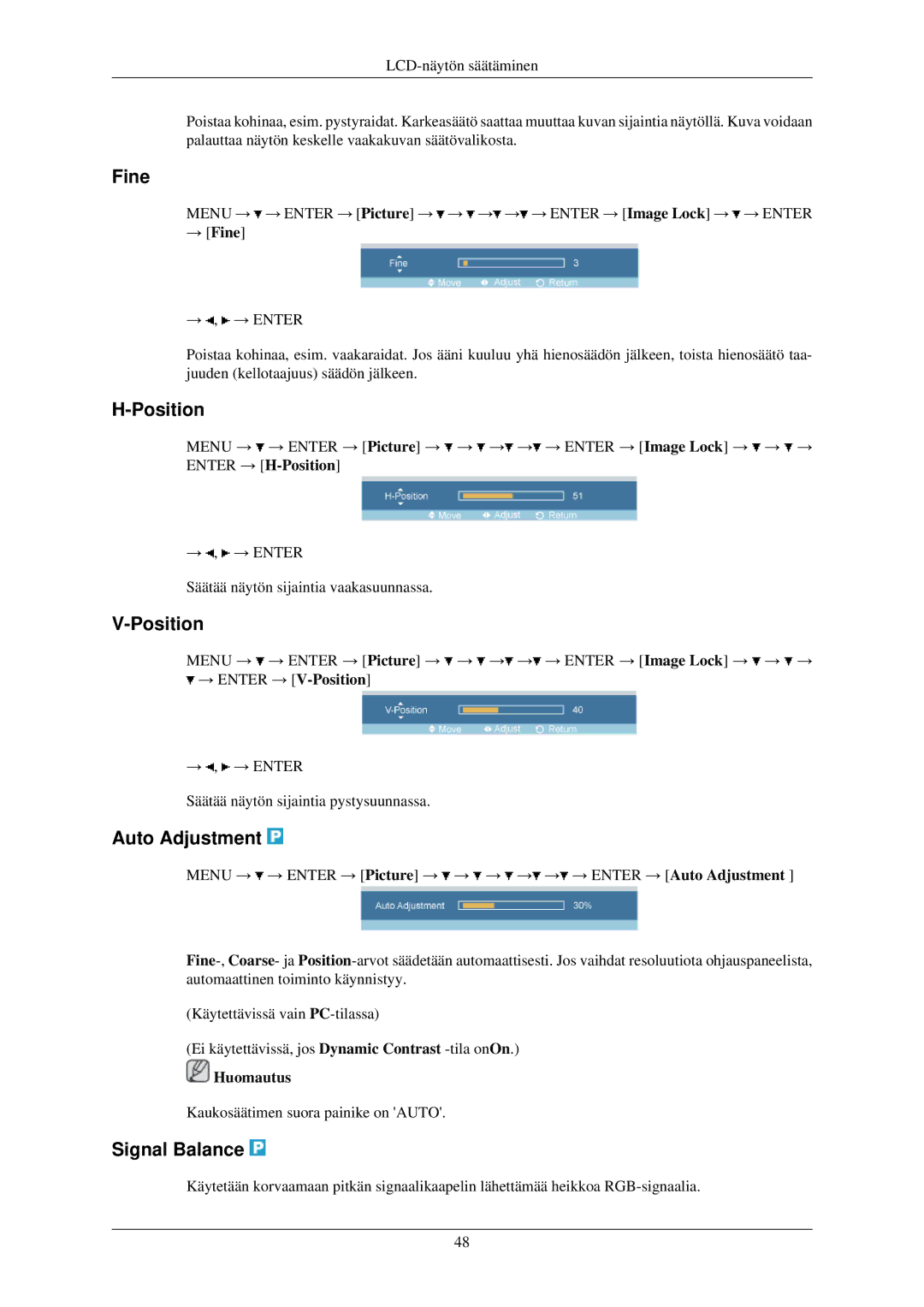 Samsung LH32TCUMBC/EN manual Position, Auto Adjustment, Signal Balance, → Fine 