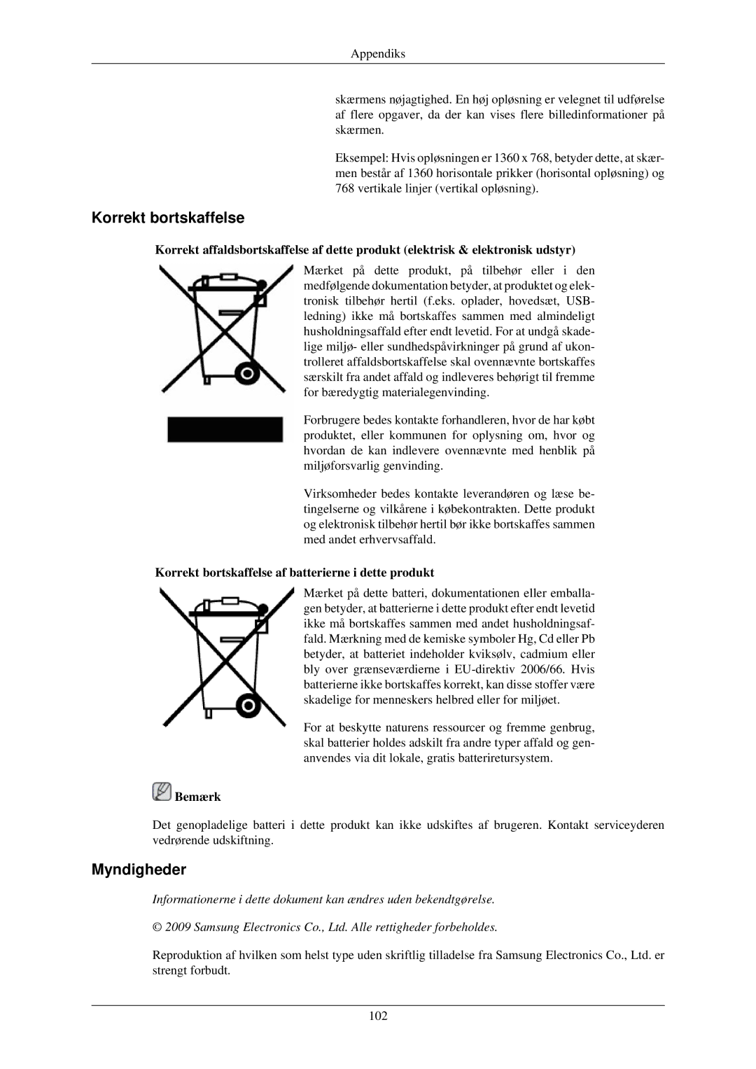 Samsung LH32TCUMBC/EN manual Myndigheder, Korrekt bortskaffelse af batterierne i dette produkt 