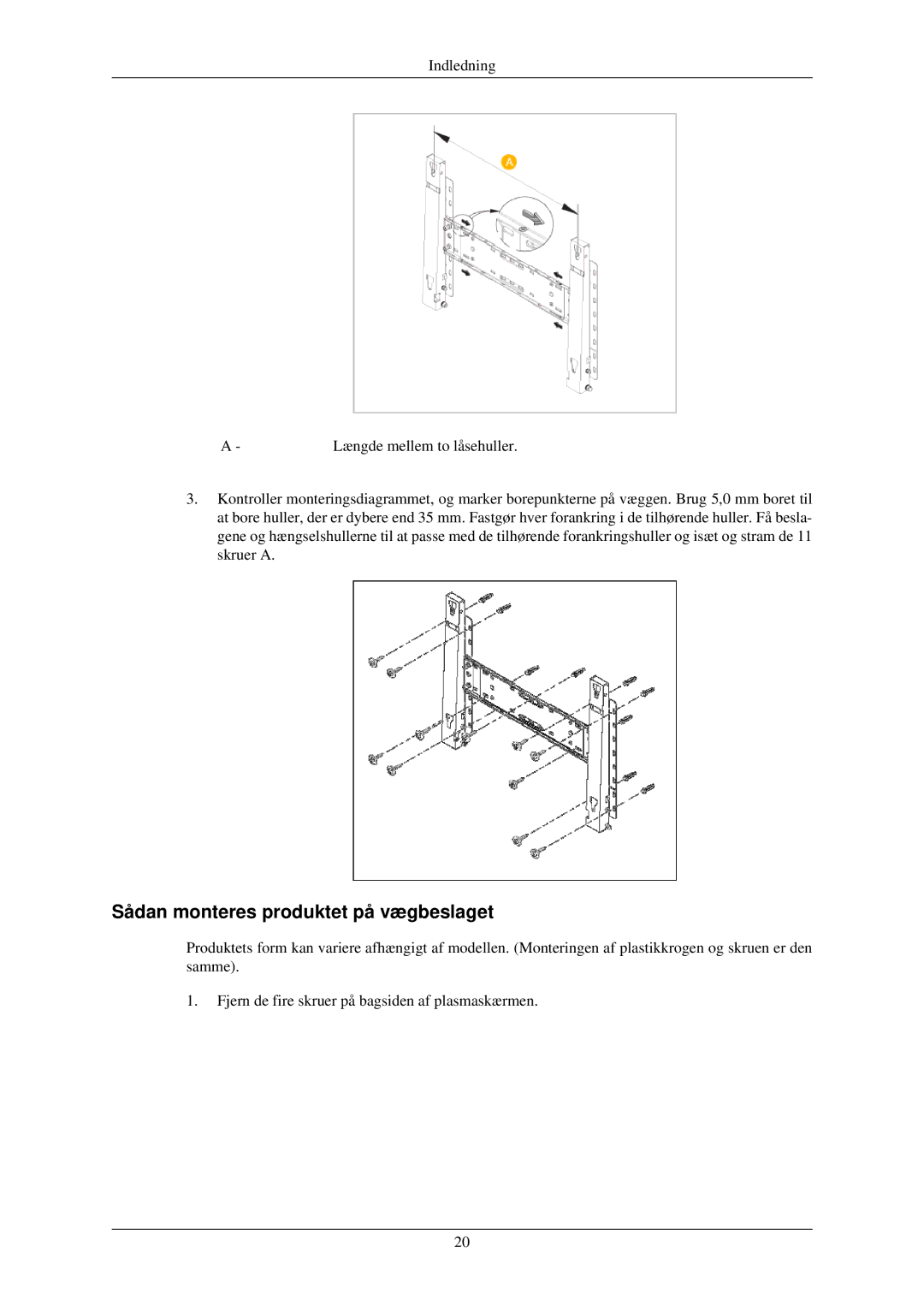 Samsung LH32TCUMBC/EN manual Sådan monteres produktet på vægbeslaget 