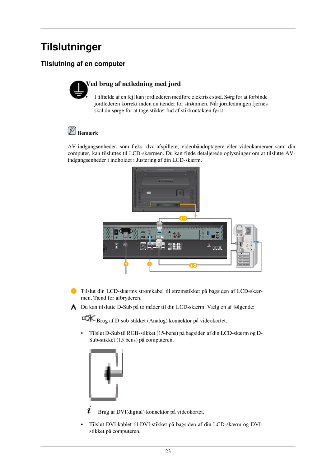 Samsung LH32TCUMBC/EN manual Tilslutninger, Tilslutning af en computer 