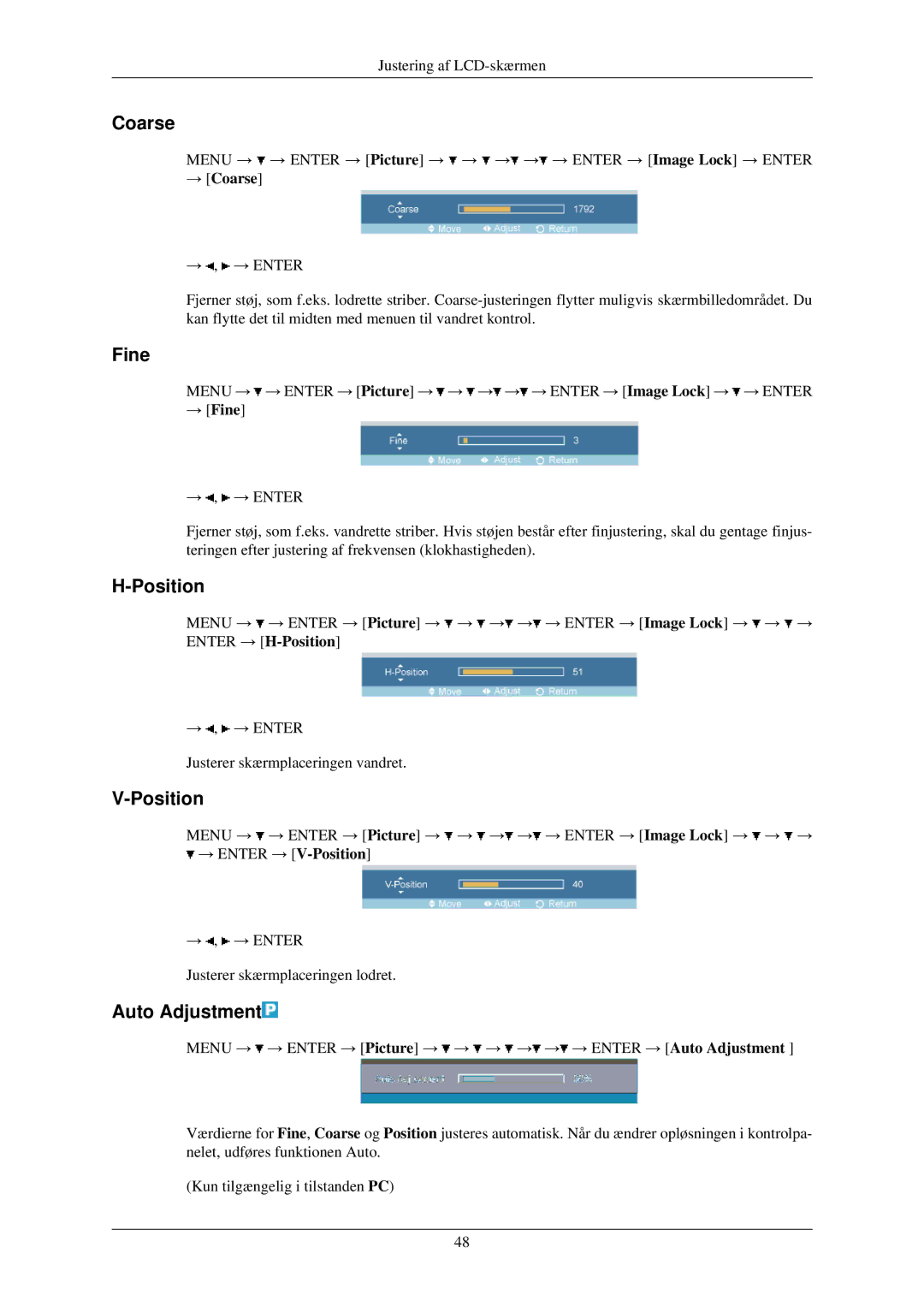 Samsung LH32TCUMBC/EN manual Coarse, Fine, Position, Auto Adjustment 