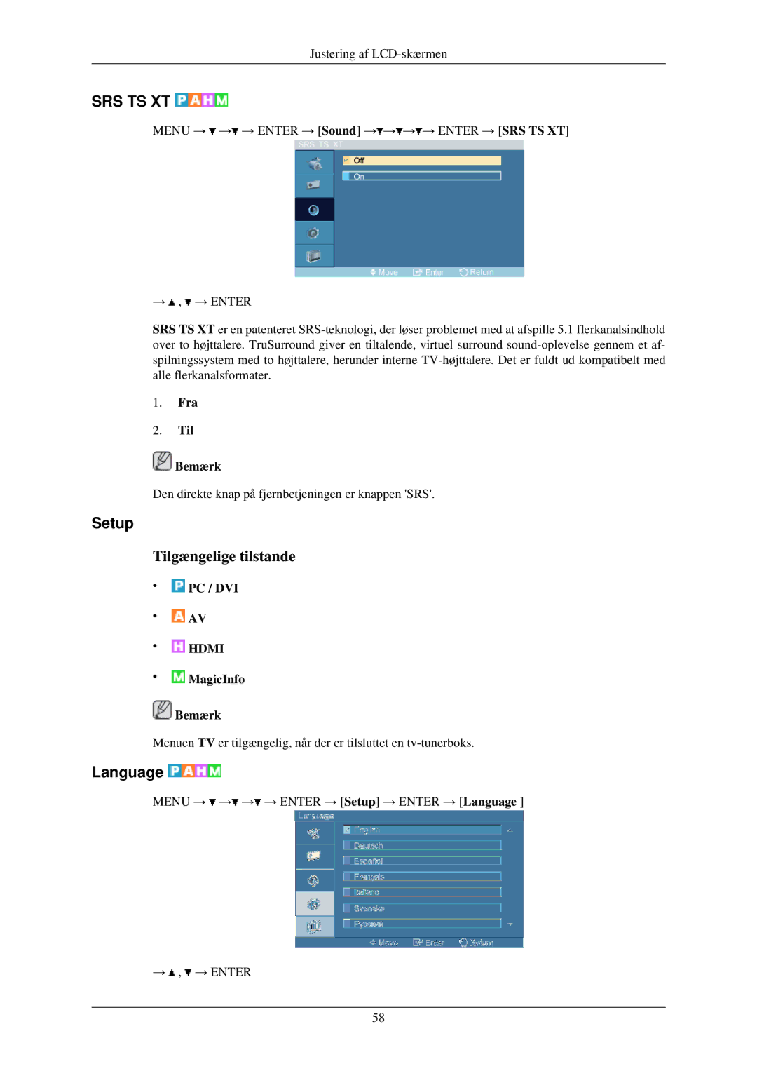 Samsung LH32TCUMBC/EN manual Setup, Language, Fra Til Bemærk 