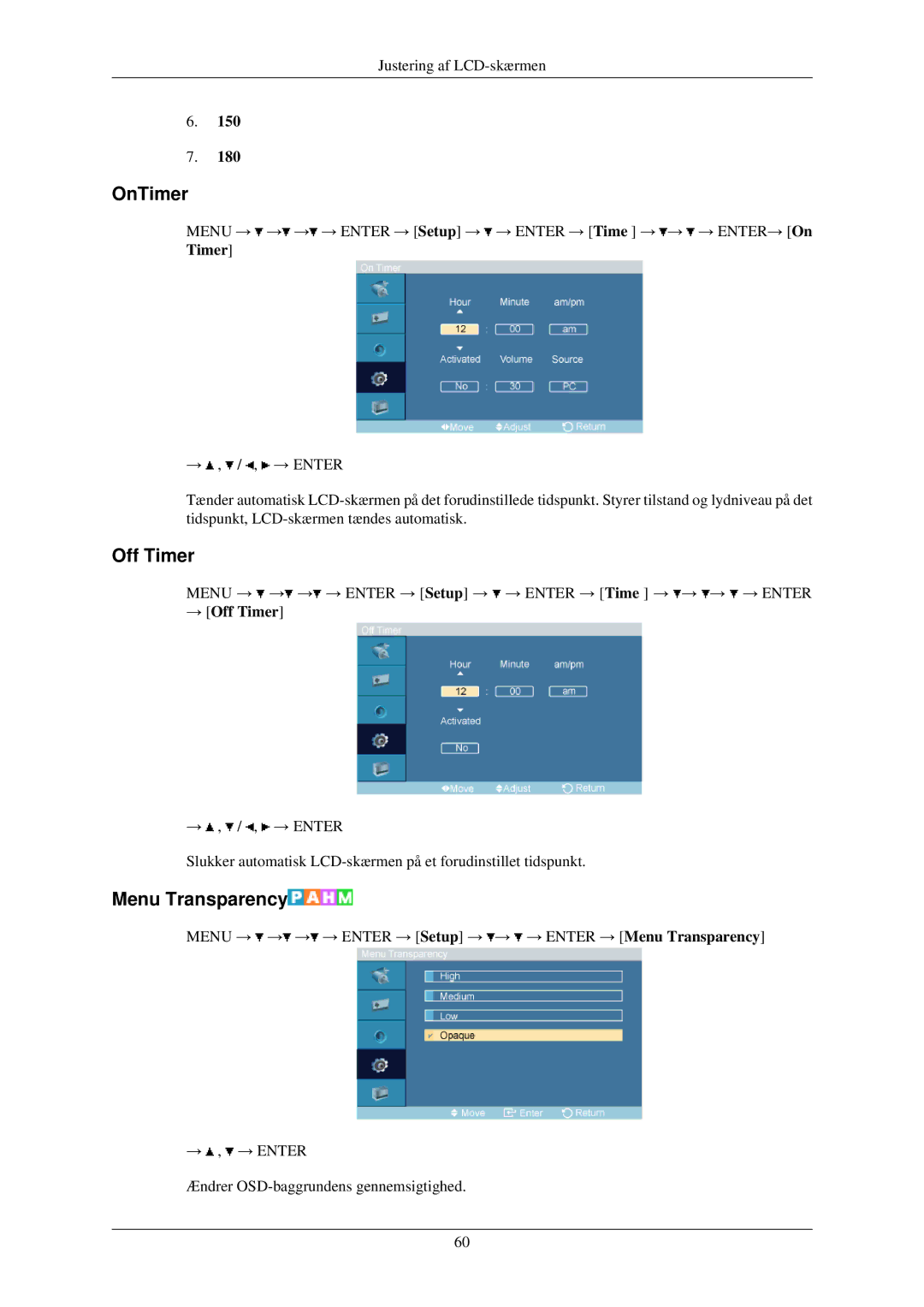 Samsung LH32TCUMBC/EN manual OnTimer, Menu Transparency, → Off Timer 