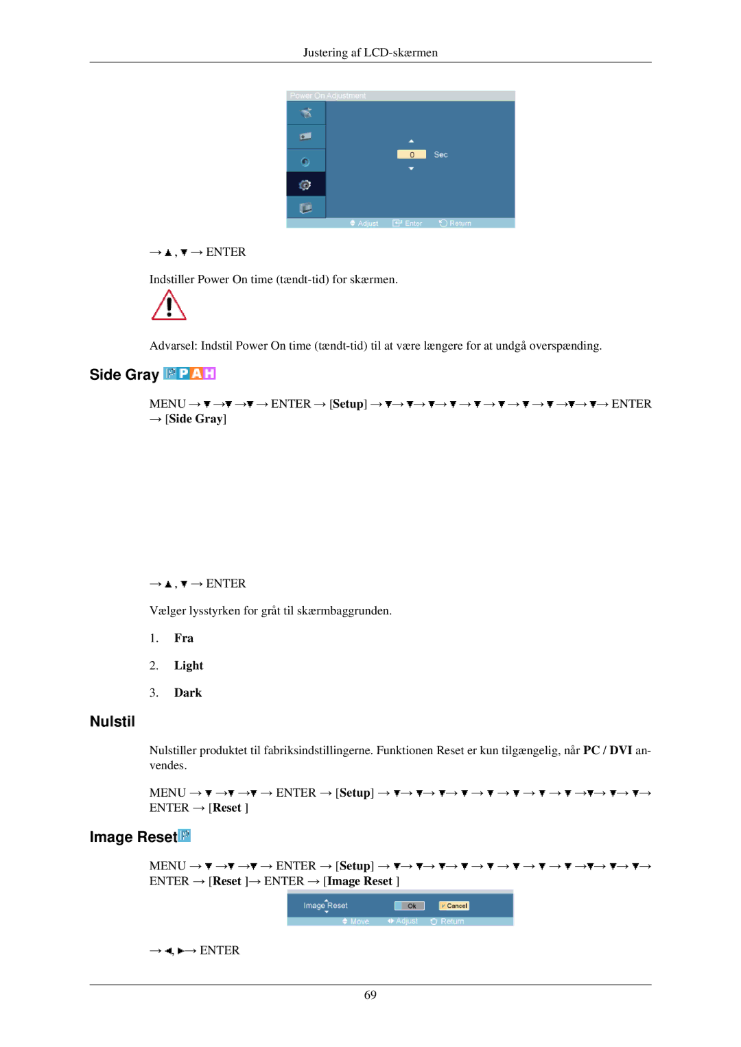 Samsung LH32TCUMBC/EN manual Nulstil, Image Reset, → Side Gray, Fra Light Dark 