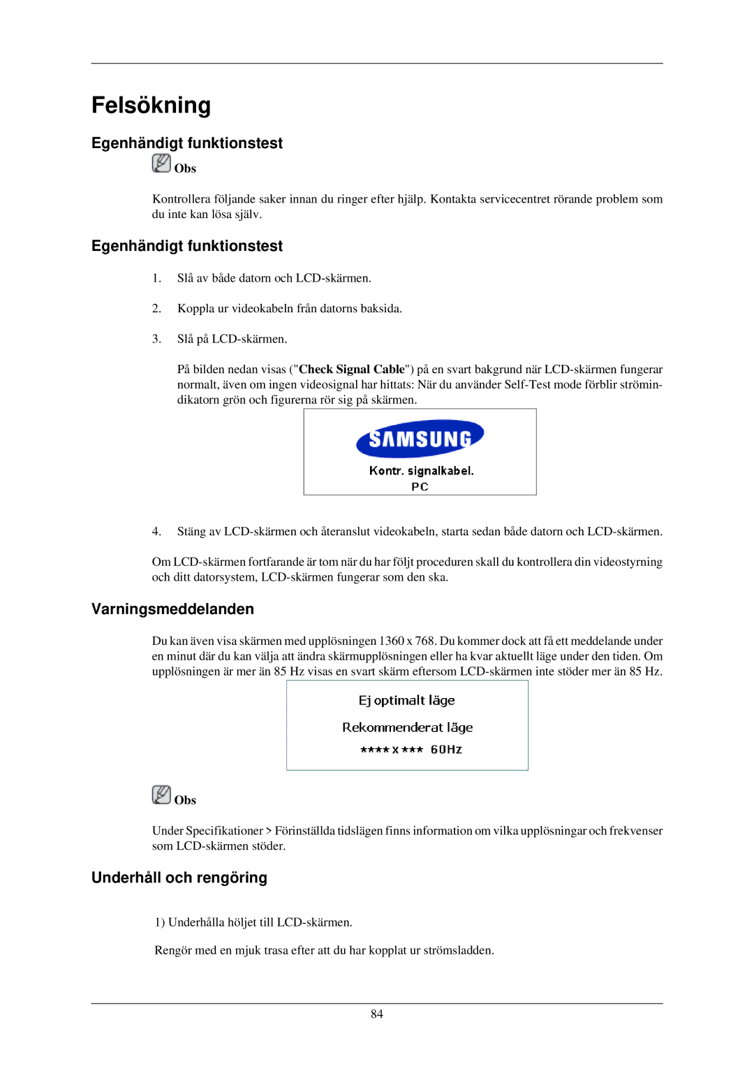 Samsung LH32TCUMBC/EN manual Egenhändigt funktionstest, Varningsmeddelanden, Underhåll och rengöring 