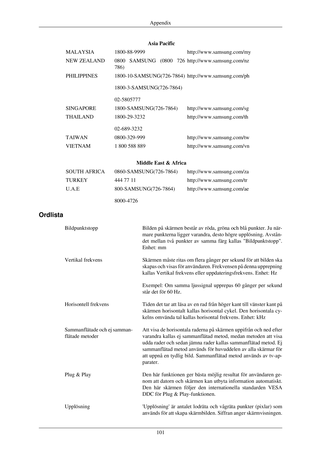 Samsung LH32TCUMBC/EN manual Ordlista, Middle East & Africa 