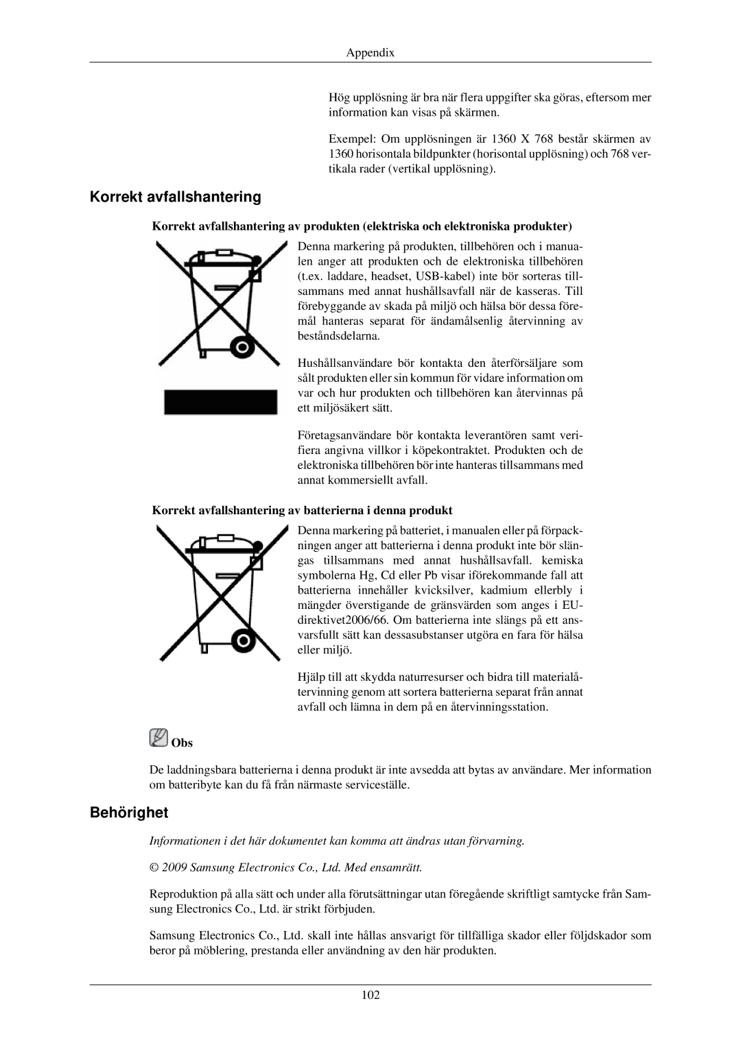 Samsung LH32TCUMBC/EN manual Behörighet, Korrekt avfallshantering av batterierna i denna produkt 