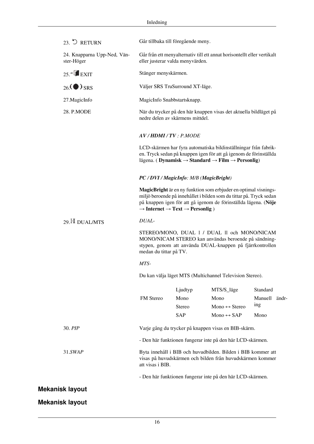 Samsung LH32TCUMBC/EN manual Mekanisk layout, → Internet → Text → Personlig 