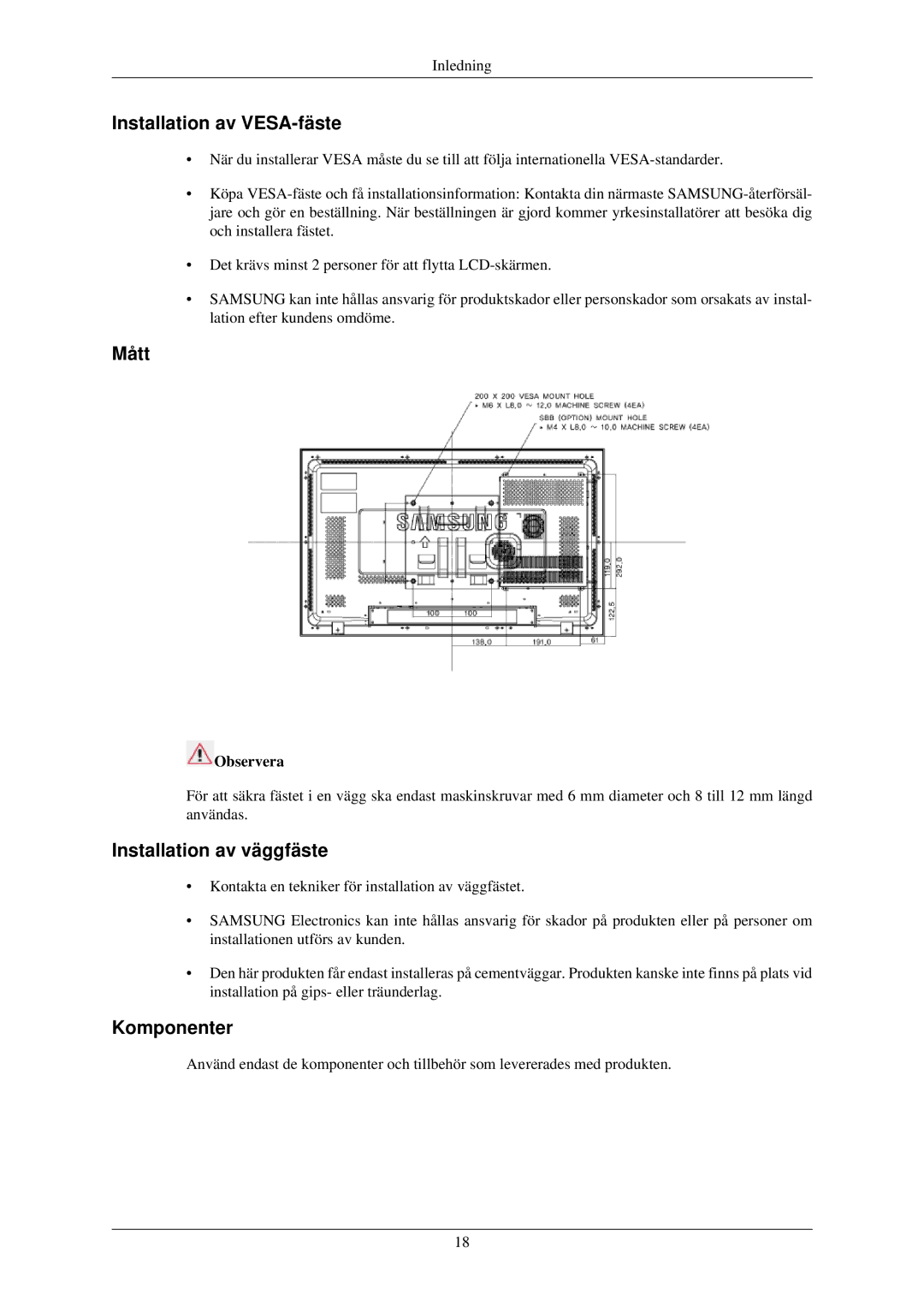 Samsung LH32TCUMBC/EN manual Installation av VESA-fäste, Mått, Installation av väggfäste, Komponenter, Observera 