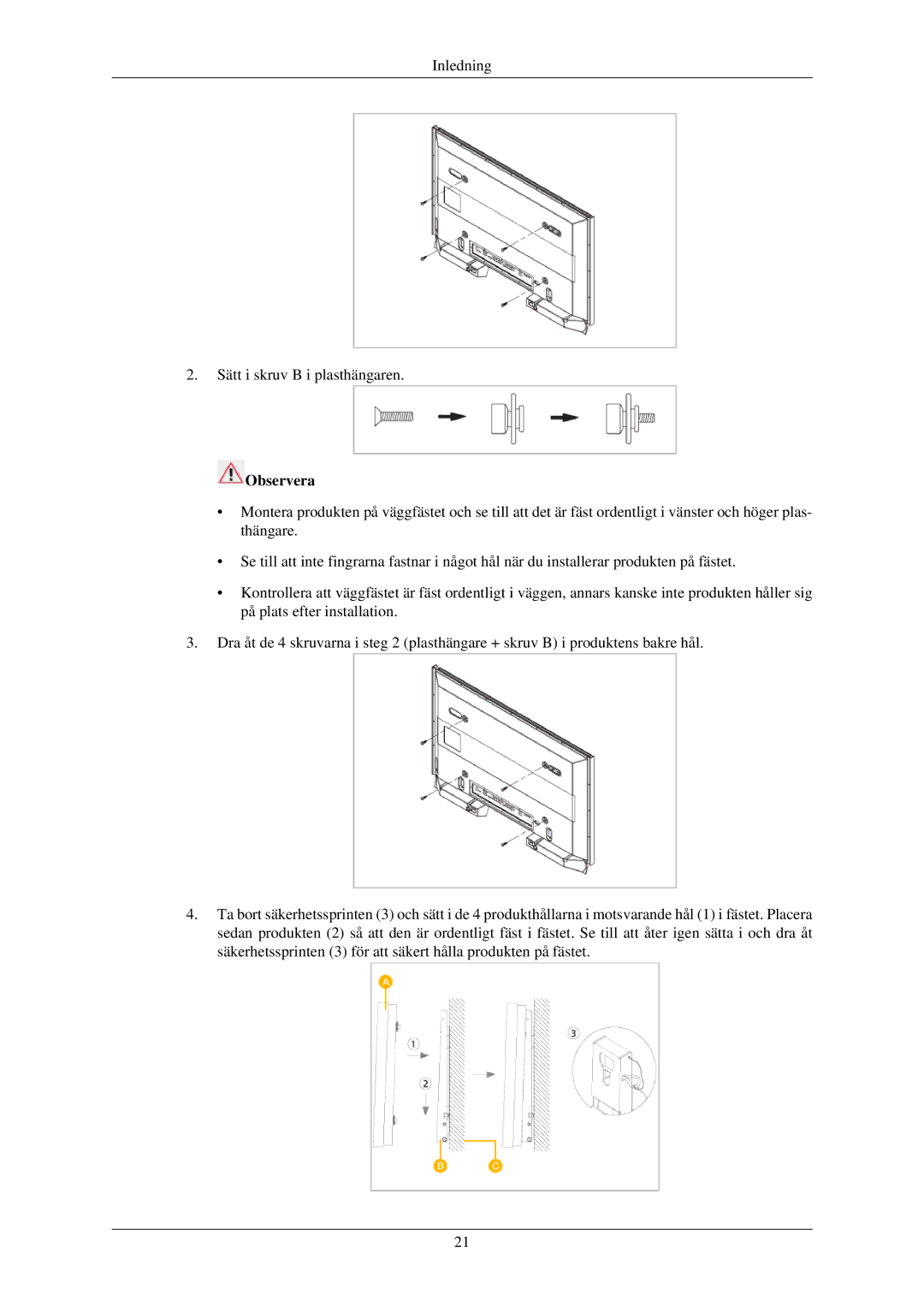 Samsung LH32TCUMBC/EN manual Inledning Sätt i skruv B i plasthängaren 