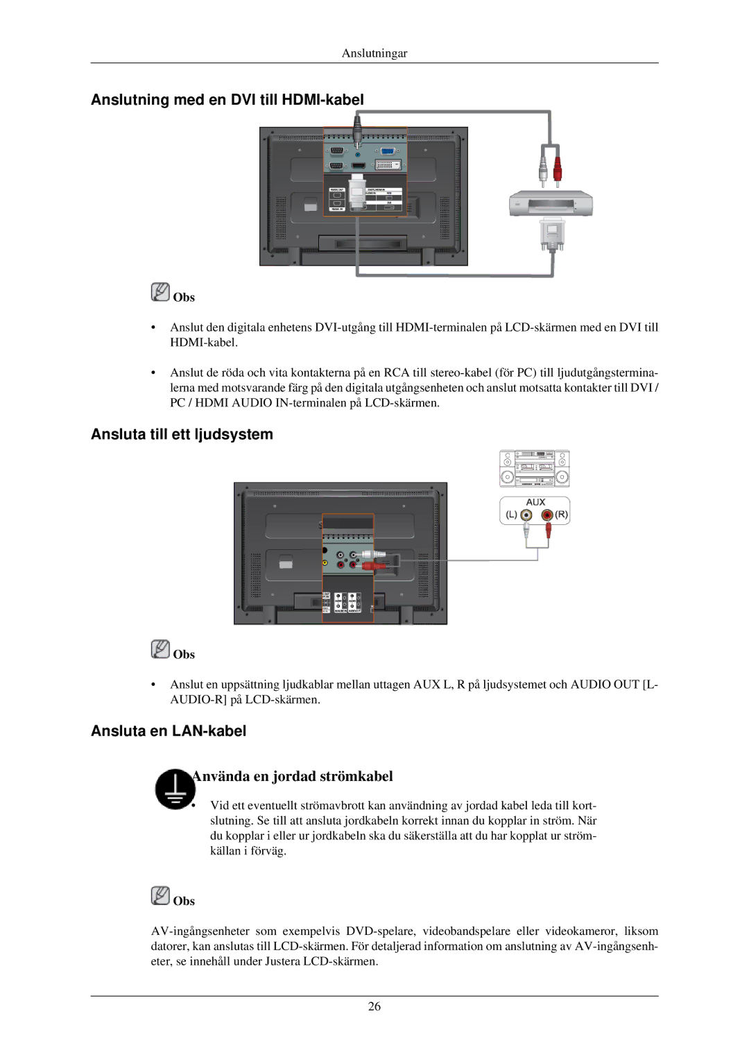 Samsung LH32TCUMBC/EN manual Anslutning med en DVI till HDMI-kabel, Ansluta till ett ljudsystem, Ansluta en LAN-kabel 