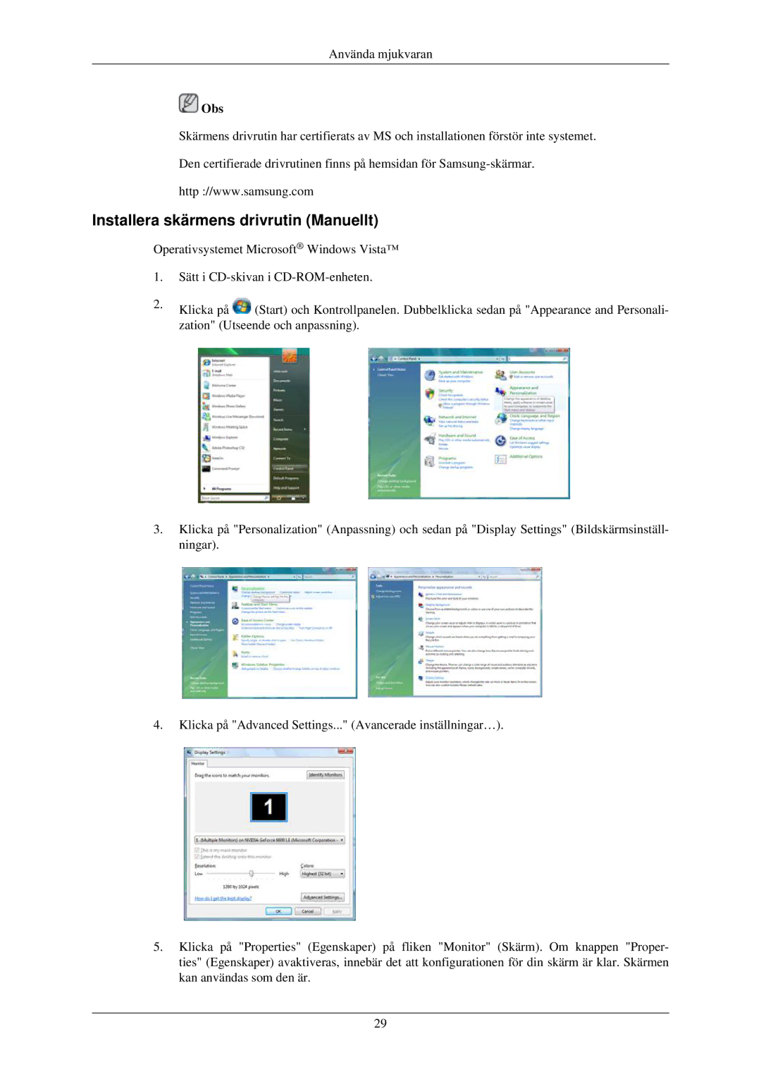 Samsung LH32TCUMBC/EN manual Installera skärmens drivrutin Manuellt 