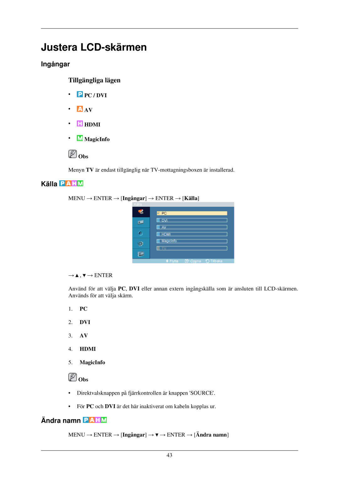 Samsung LH32TCUMBC/EN manual Ingångar, Källa, Ändra namn 