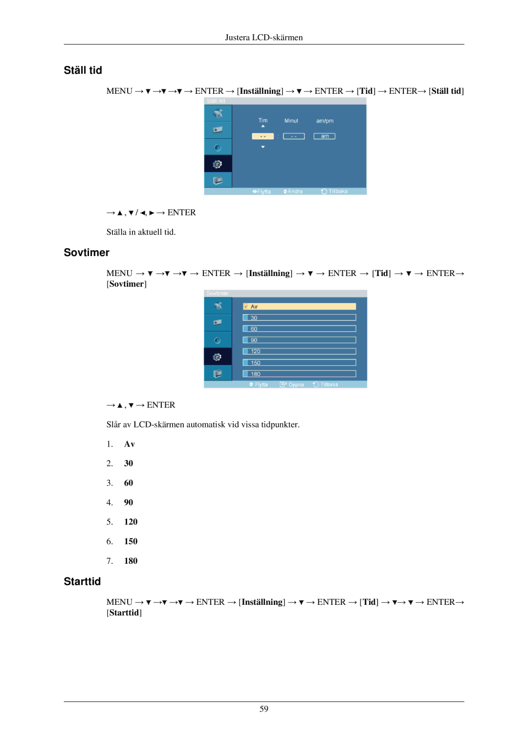 Samsung LH32TCUMBC/EN manual Ställ tid, Sovtimer, Starttid 