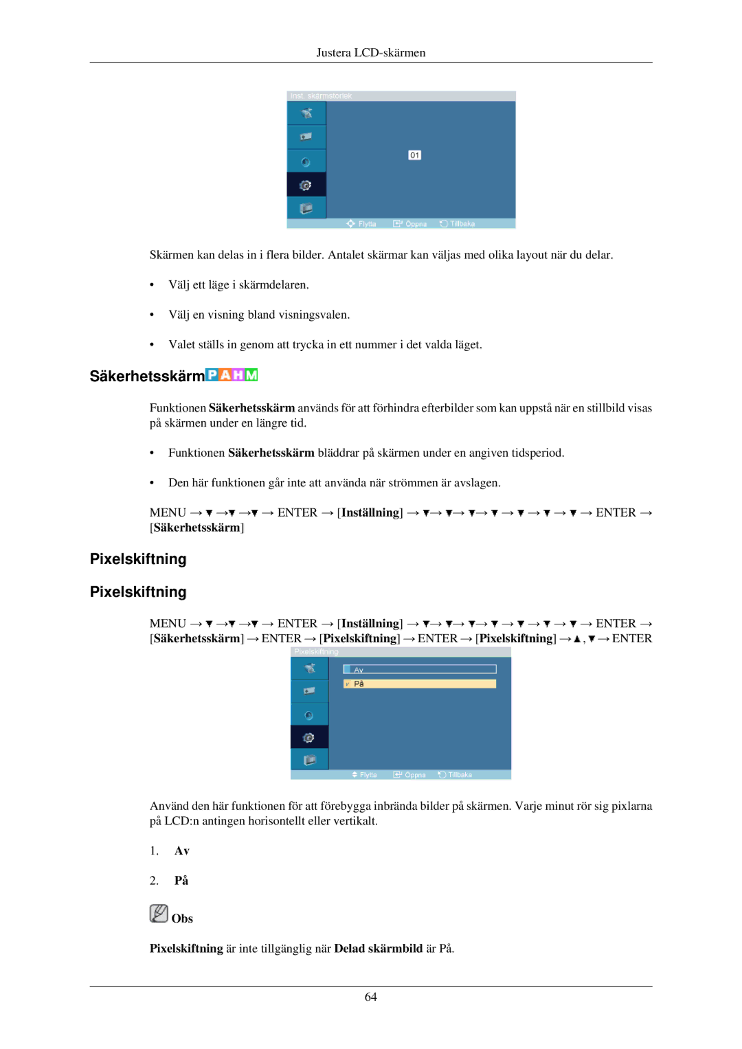 Samsung LH32TCUMBC/EN manual Säkerhetsskärm, Pixelskiftning 