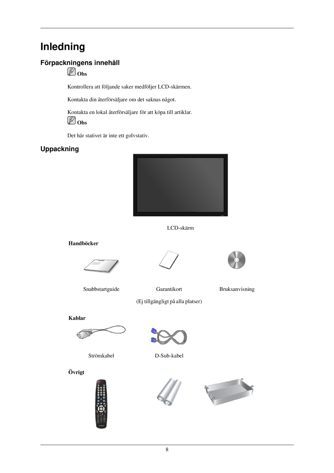 Samsung LH32TCUMBC/EN manual Förpackningens innehåll, Uppackning, Handböcker, Kablar, Övrigt 