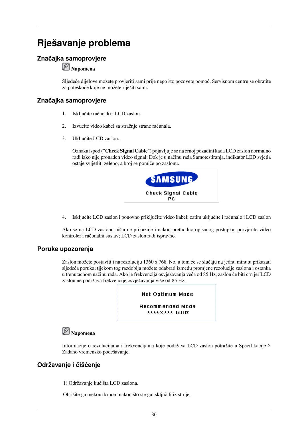 Samsung LH32TCUMBC/EN manual Značajka samoprovjere, Poruke upozorenja, Održavanje i čišćenje 