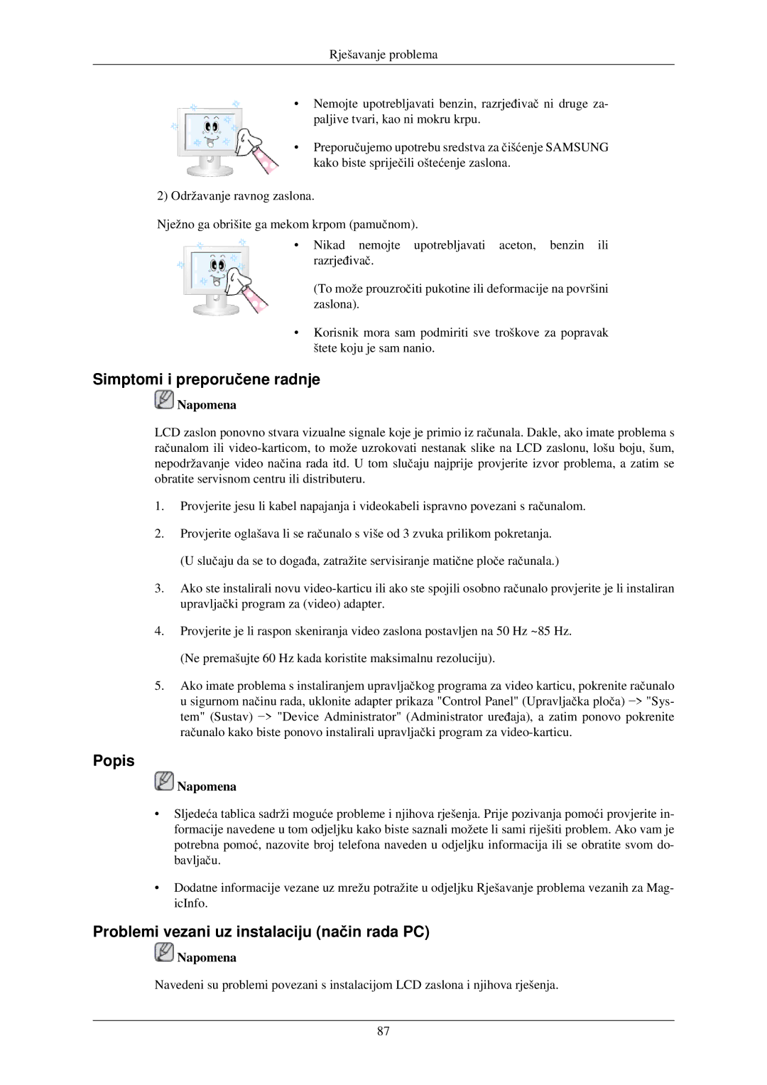 Samsung LH32TCUMBC/EN manual Simptomi i preporučene radnje, Popis, Problemi vezani uz instalaciju način rada PC 