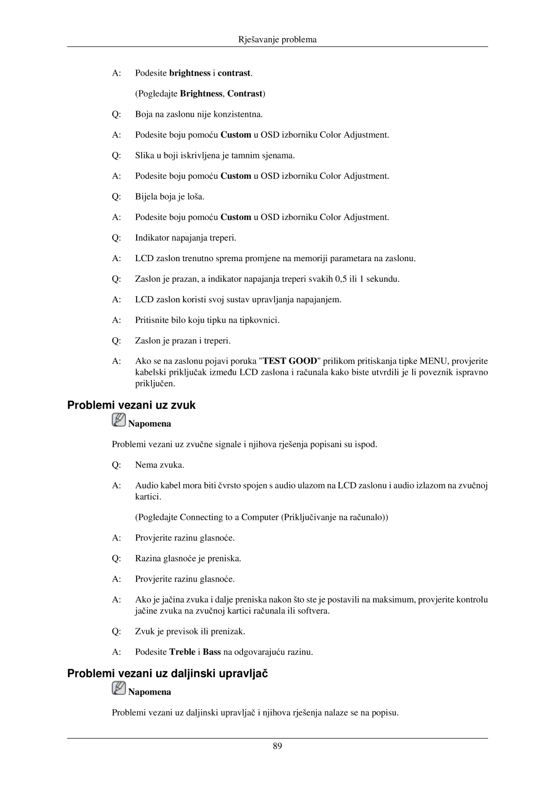 Samsung LH32TCUMBC/EN manual Problemi vezani uz zvuk, Problemi vezani uz daljinski upravljač 