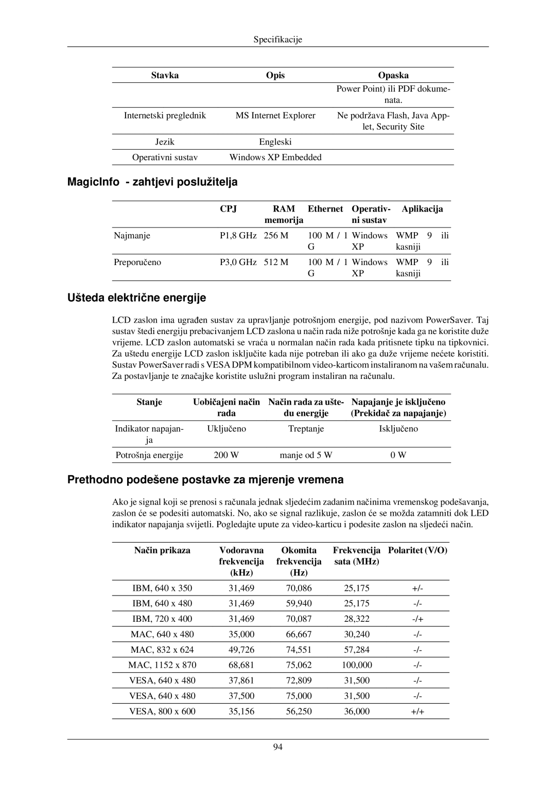 Samsung LH32TCUMBC/EN manual MagicInfo zahtjevi poslužitelja, Ušteda električne energije 