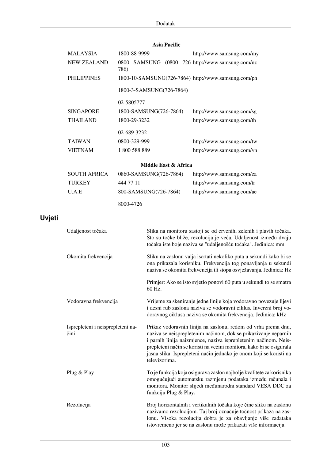 Samsung LH32TCUMBC/EN manual Uvjeti, Middle East & Africa 