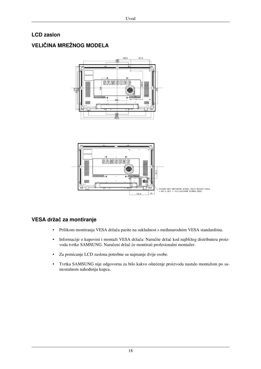 Samsung LH32TCUMBC/EN manual LCD zaslon, Vesa držač za montiranje 