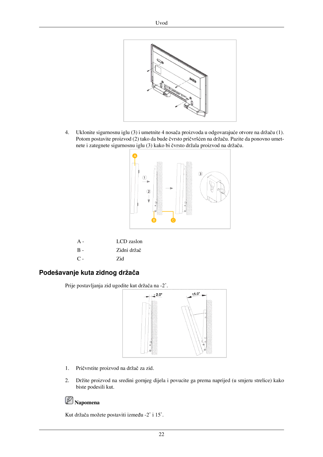 Samsung LH32TCUMBC/EN manual Podešavanje kuta zidnog držača, Napomena 