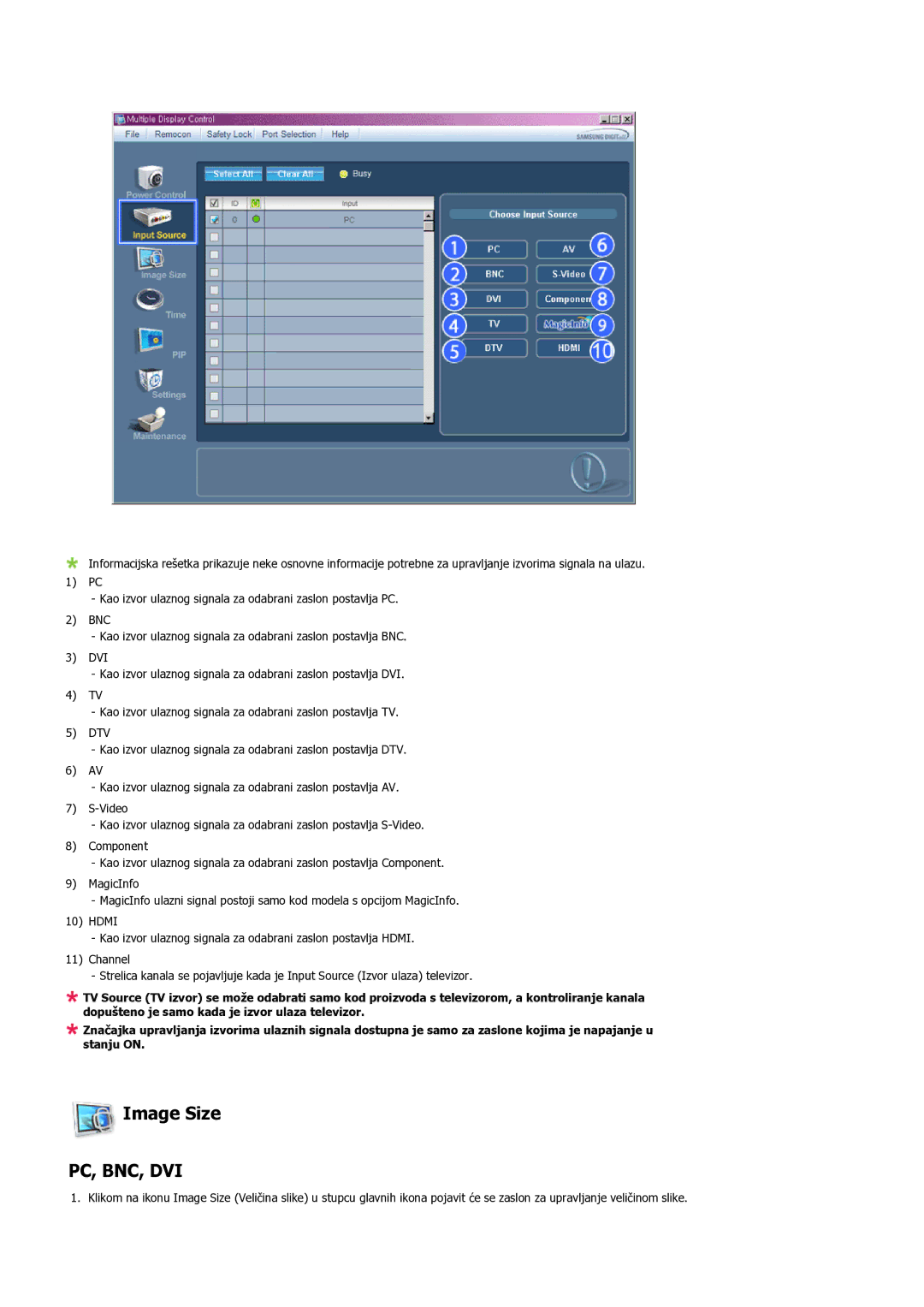 Samsung LH32TCUMBC/EN manual Image Size, Pc, Bnc, Dvi 