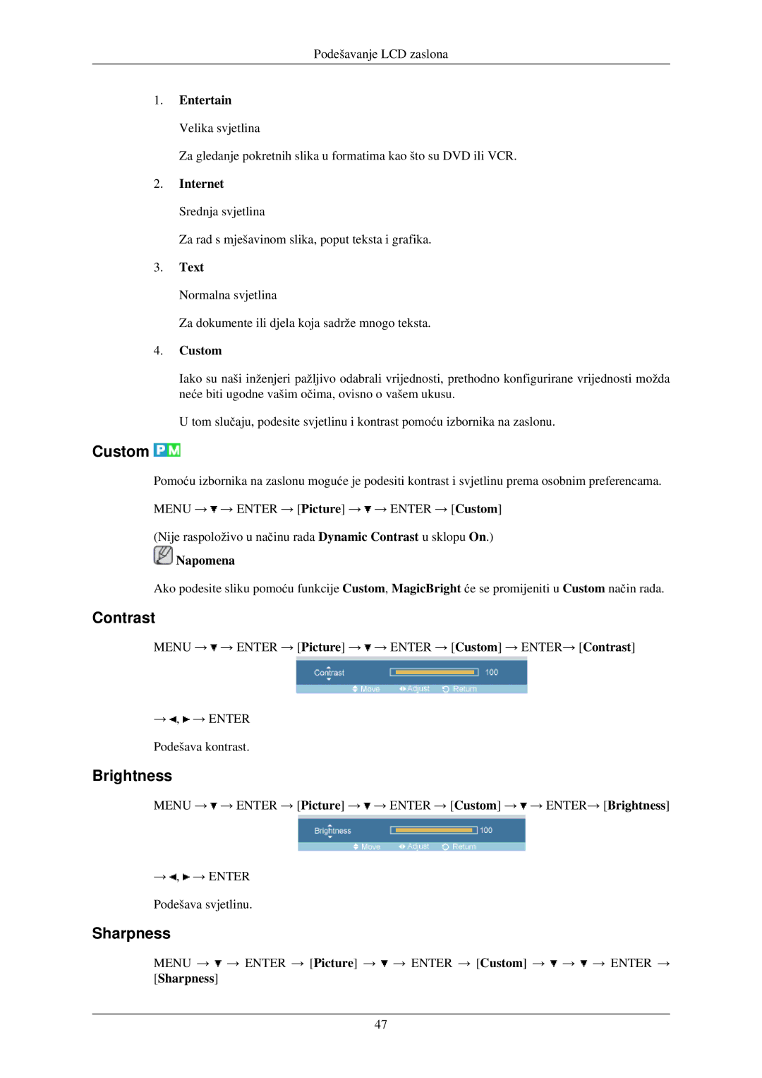 Samsung LH32TCUMBC/EN manual Custom, Contrast, Brightness, Sharpness 