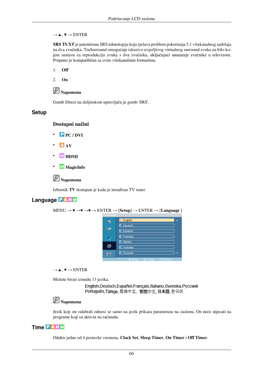 Samsung LH32TCUMBC/EN manual Setup, Language, Time, Off Napomena 