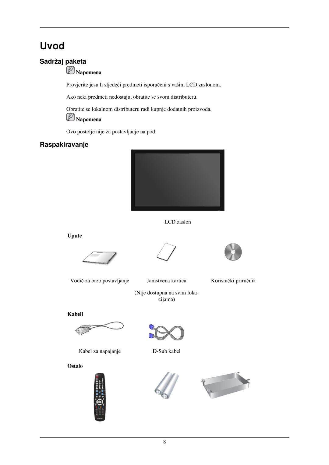 Samsung LH32TCUMBC/EN manual Sadržaj paketa, Raspakiravanje, Upute, Kabeli, Ostalo 