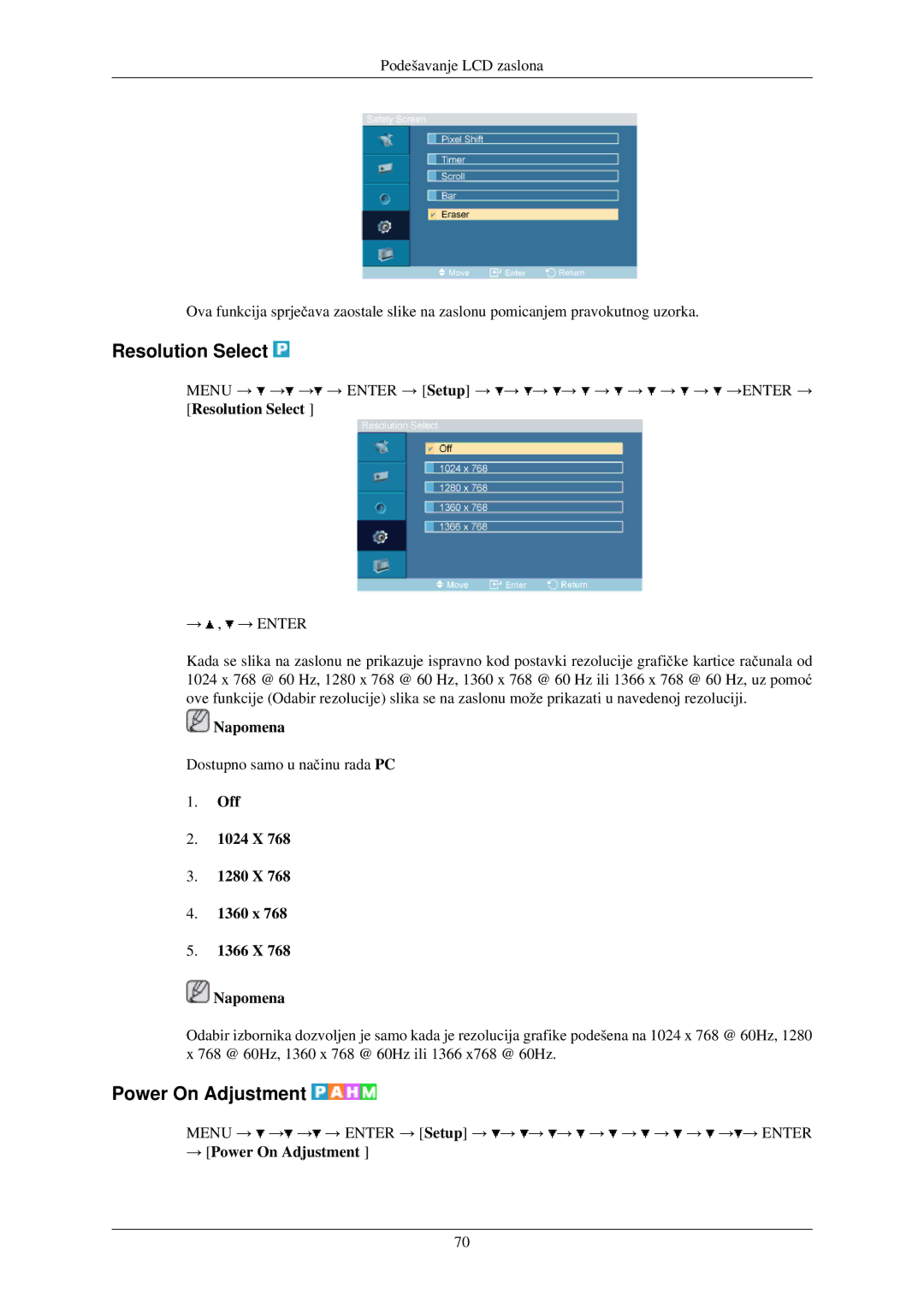 Samsung LH32TCUMBC/EN manual Resolution Select, Power On Adjustment, Off 1024 X 1280 X 1360 x 1366 X Napomena 