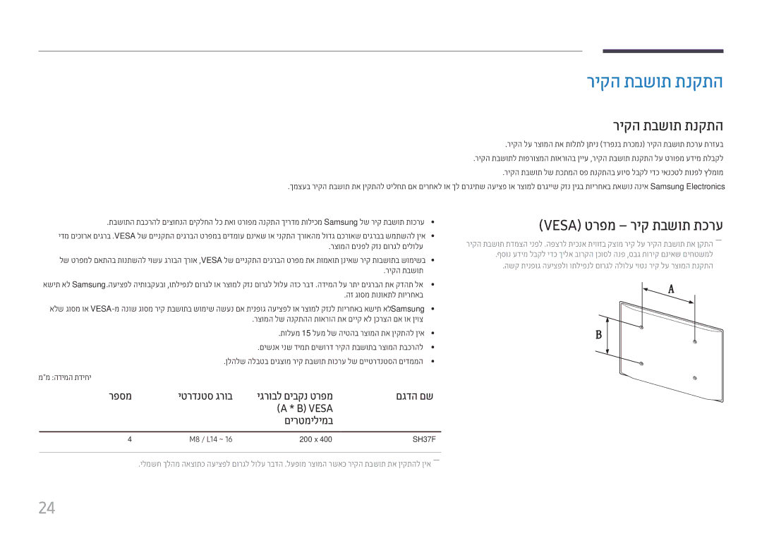 Samsung LH37SHFPLBB/CH manual ריקה תבשות תנקתה, ‏Vesa טרפמ ריק תבשות תכרע 