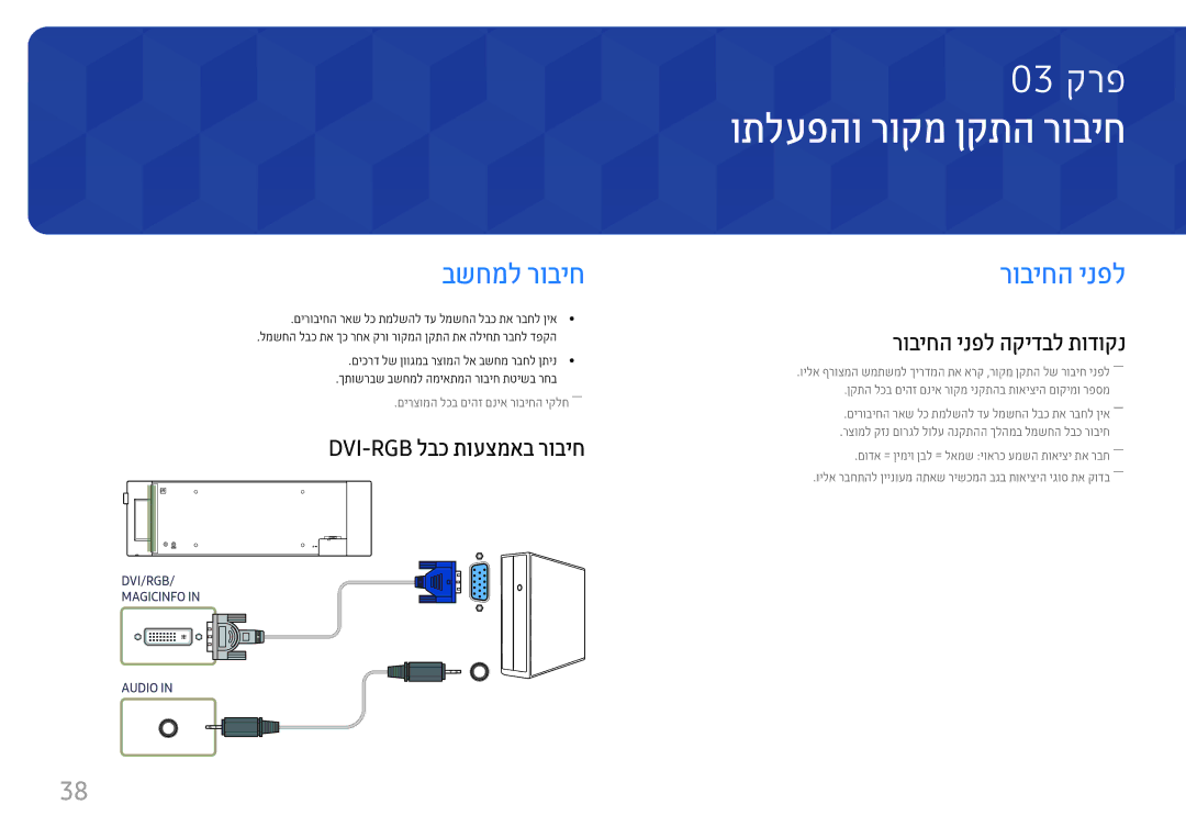 Samsung LH37SHFPLBB/CH manual ותלעפהו רוקמ ןקתה רוביח, בשחמל רוביח, רוביחה ינפל, Dvi-Rgb לבכ תועצמאב רוביח 