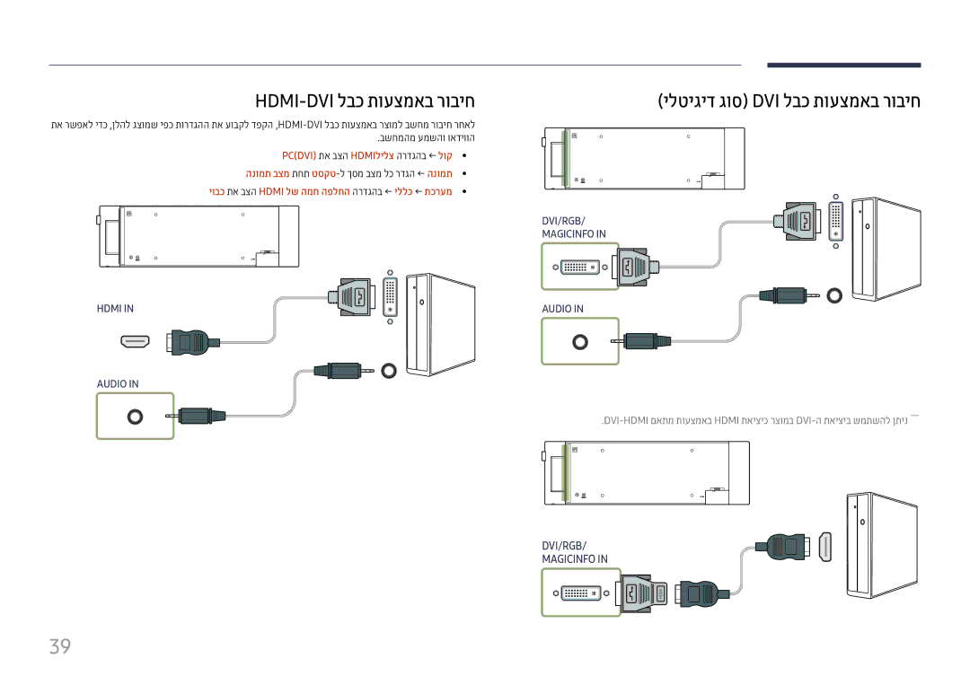 Samsung LH37SHFPLBB/CH manual Hdmi-Dvi לבכ תועצמאב רוביח, Pc\Dvi\ תא בצה Hdmiלילצ הרדגהב ← לוק 