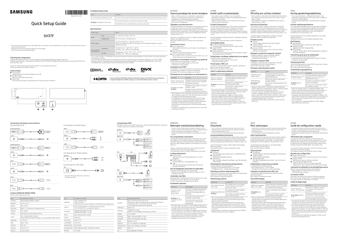 Samsung LH37SHFPLBB/EN manual Kratki vodič za postavljanje, Příručka pro rychlou instalaci, Hurtig opsætningsvejledning 