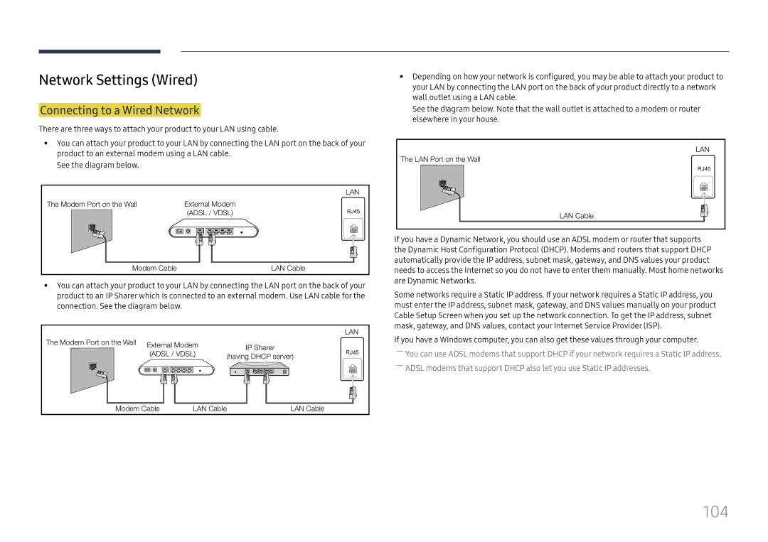 Samsung LH37SHFPLBB/EN manual 104, Network Settings Wired, Connecting to a Wired Network 