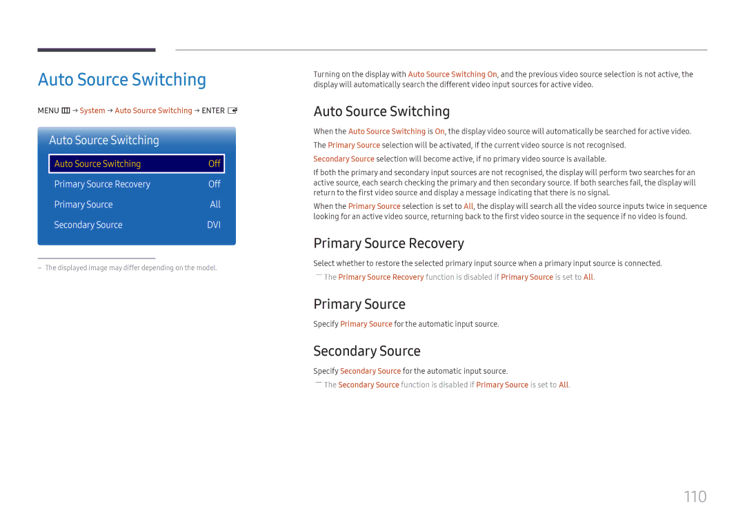 Samsung LH37SHFPLBB/EN manual Auto Source Switching, 110 