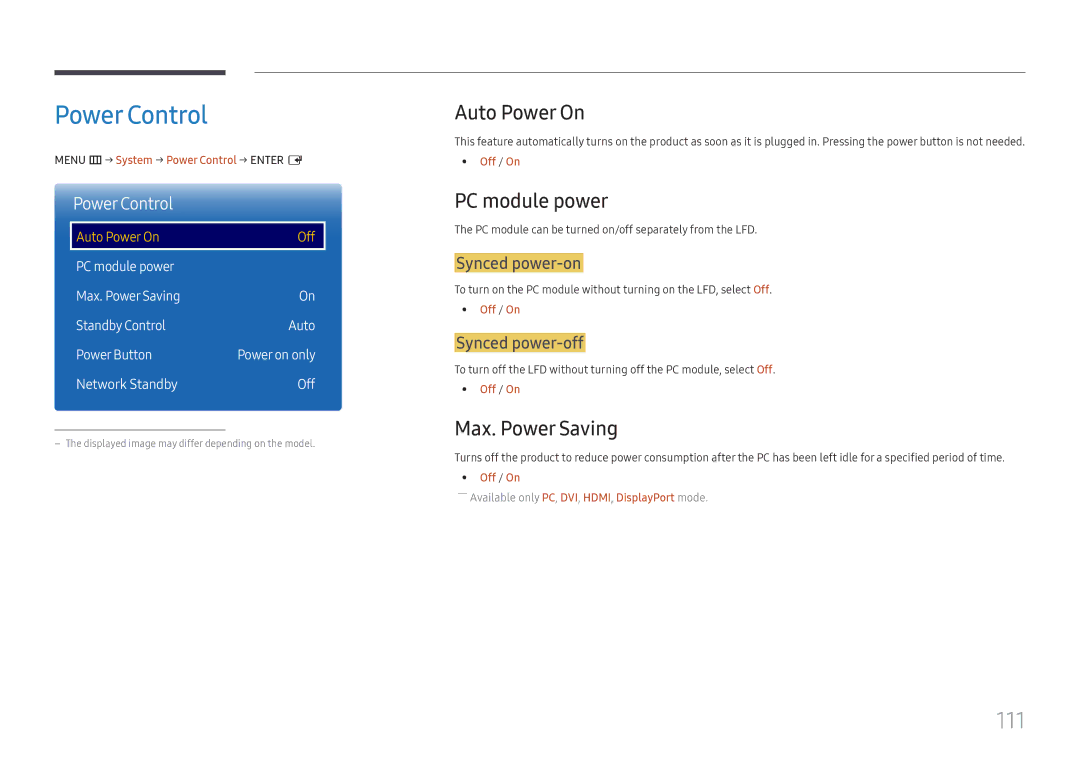 Samsung LH37SHFPLBB/EN manual Power Control, 111, Auto Power On, PC module power, Max. Power Saving 