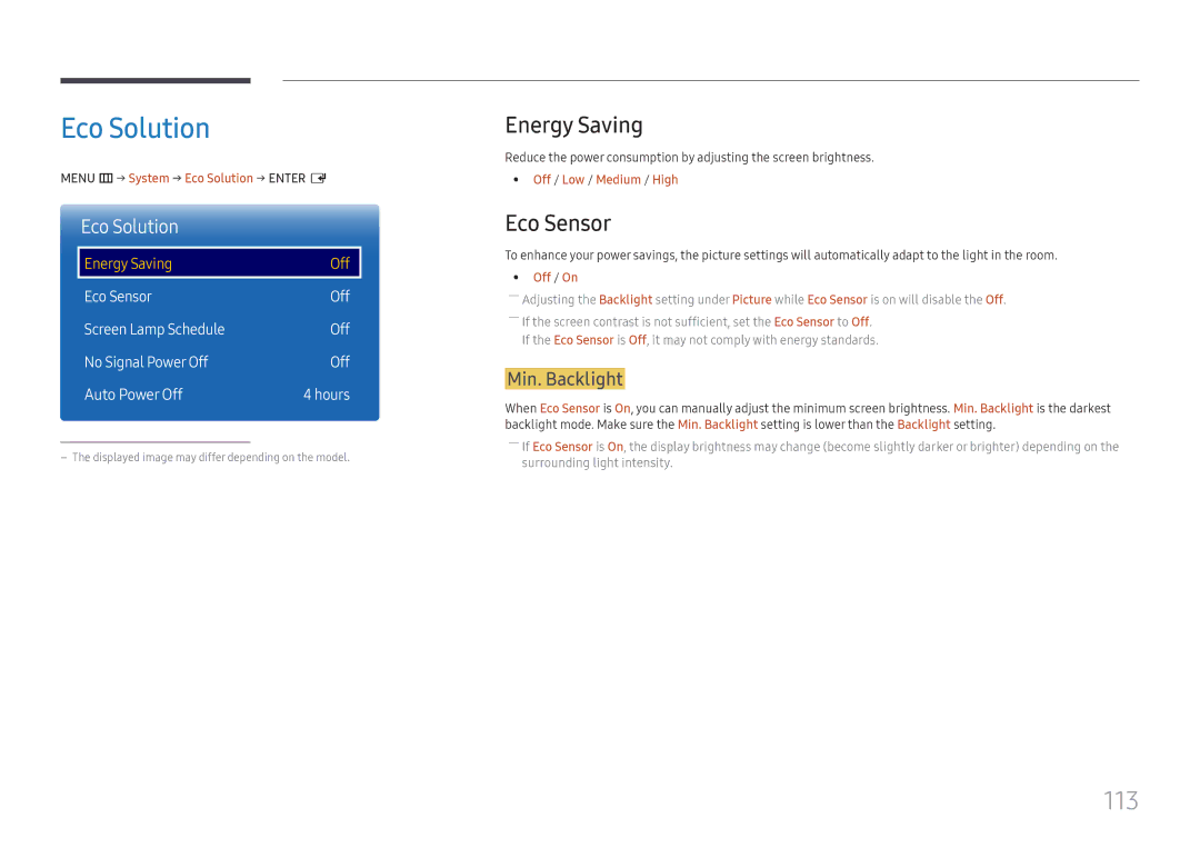 Samsung LH37SHFPLBB/EN manual Eco Solution, 113, Energy Saving, Eco Sensor 