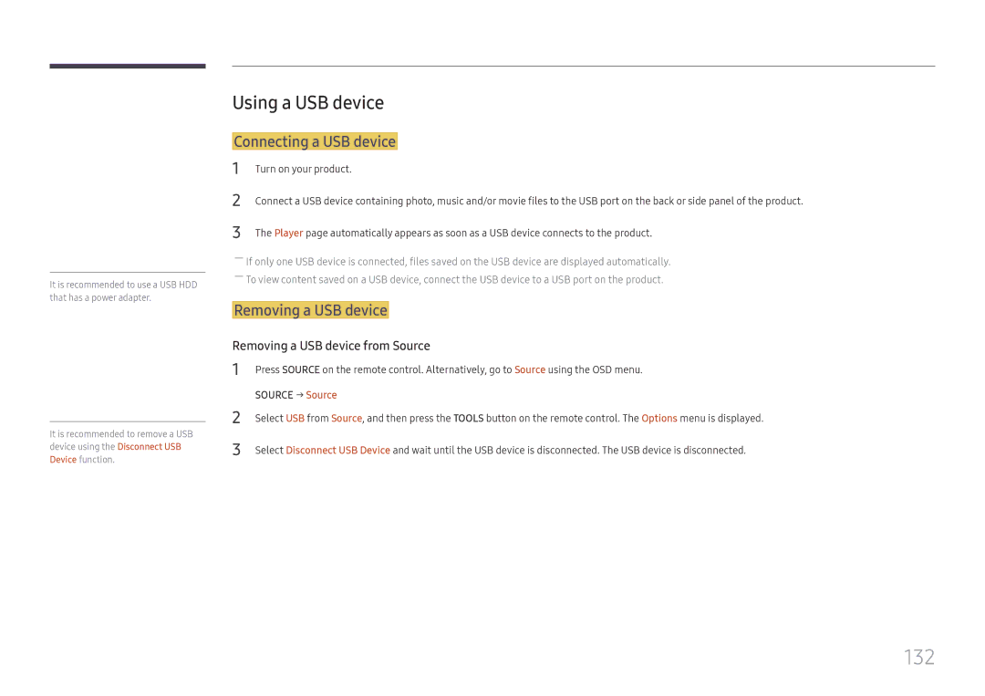 Samsung LH37SHFPLBB/EN manual 132, Using a USB device, Connecting a USB device, Removing a USB device 