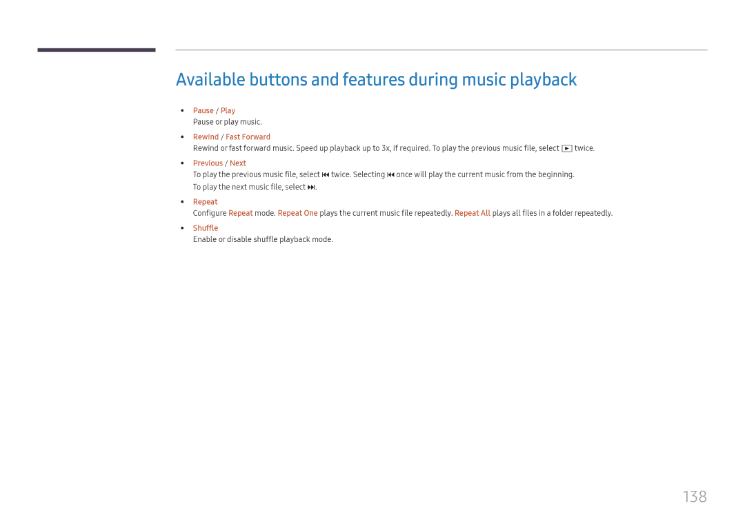 Samsung LH37SHFPLBB/EN manual Available buttons and features during music playback, 138, Shuffle 