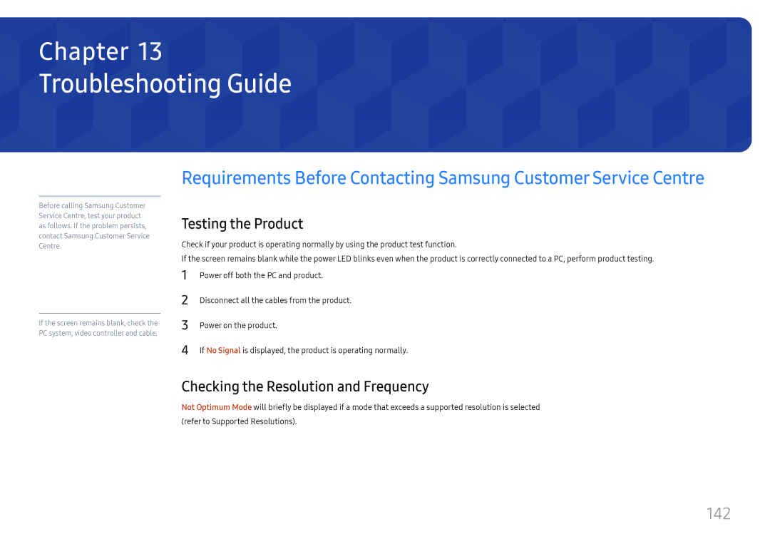 Samsung LH37SHFPLBB/EN manual Troubleshooting Guide, 142, Testing the Product, Checking the Resolution and Frequency 