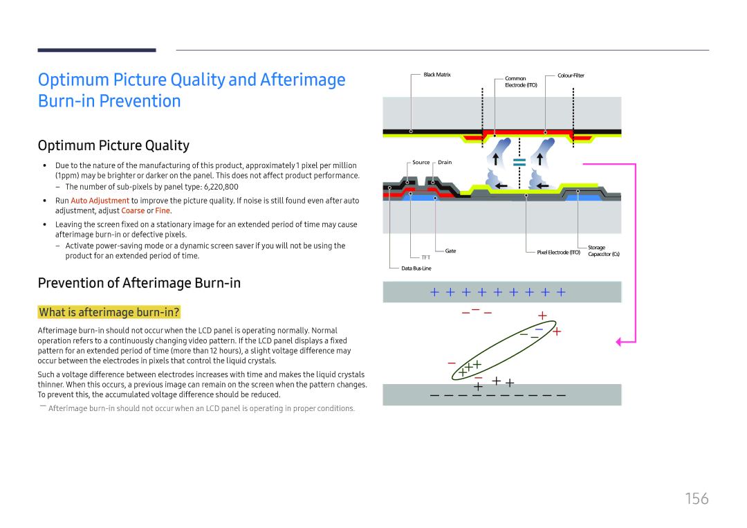 Samsung LH37SHFPLBB/EN Optimum Picture Quality and Afterimage Burn-in Prevention, 156, Prevention of Afterimage Burn-in 