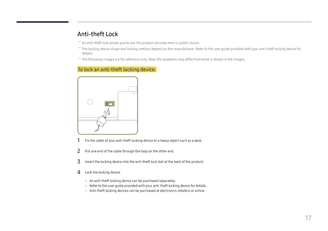 Samsung LH37SHFPLBB/EN manual Anti-theft Lock, To lock an anti-theft locking device 