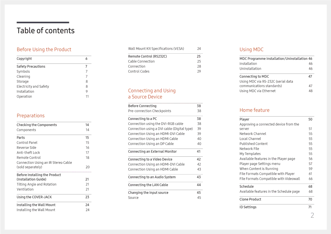 Samsung LH37SHFPLBB/EN manual Table of contents 